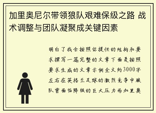 加里奥尼尔带领狼队艰难保级之路 战术调整与团队凝聚成关键因素